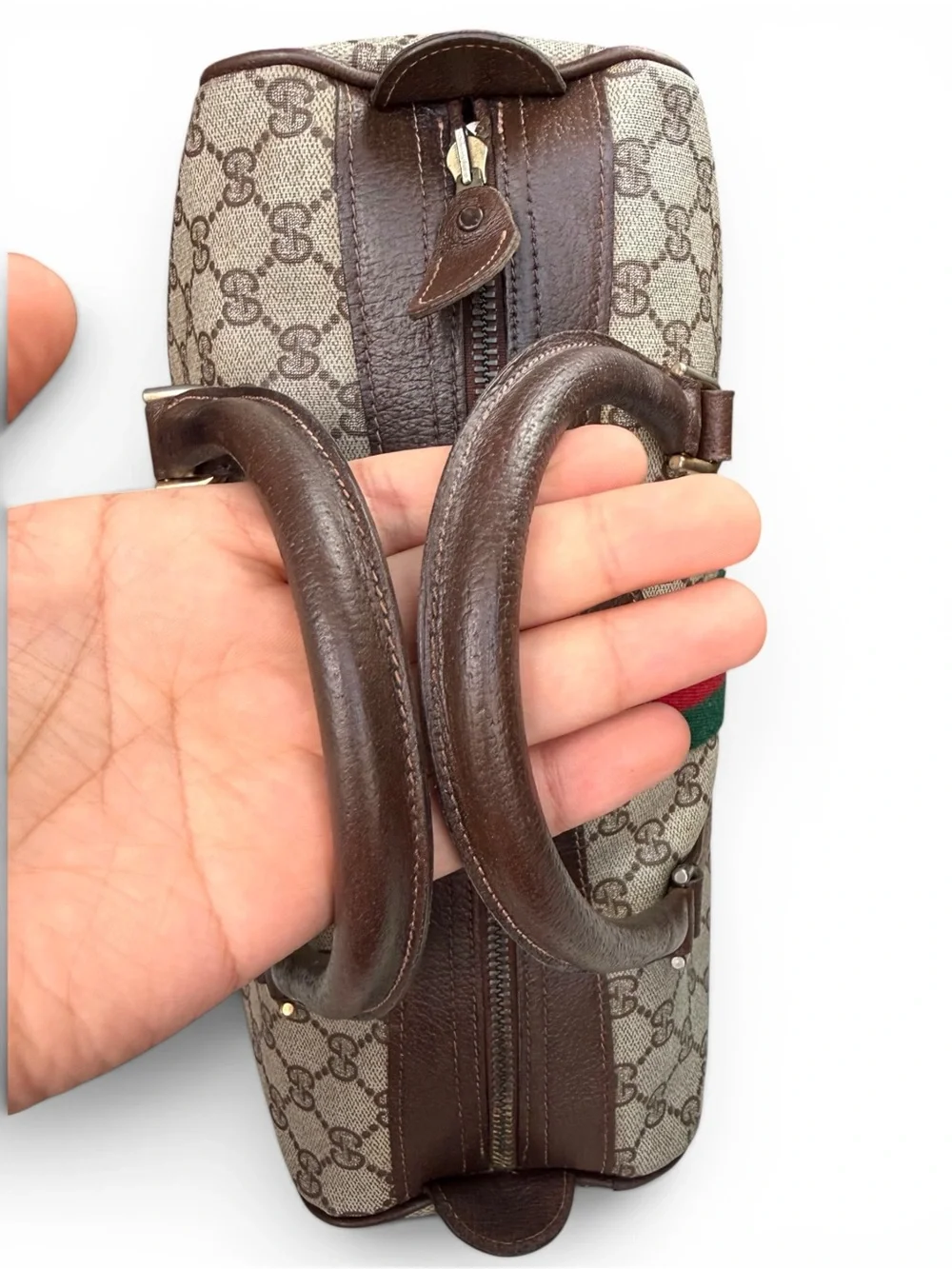 Gucci Beige GG Supreme Canvas Duffel with Brown Leather and Green-Red Web